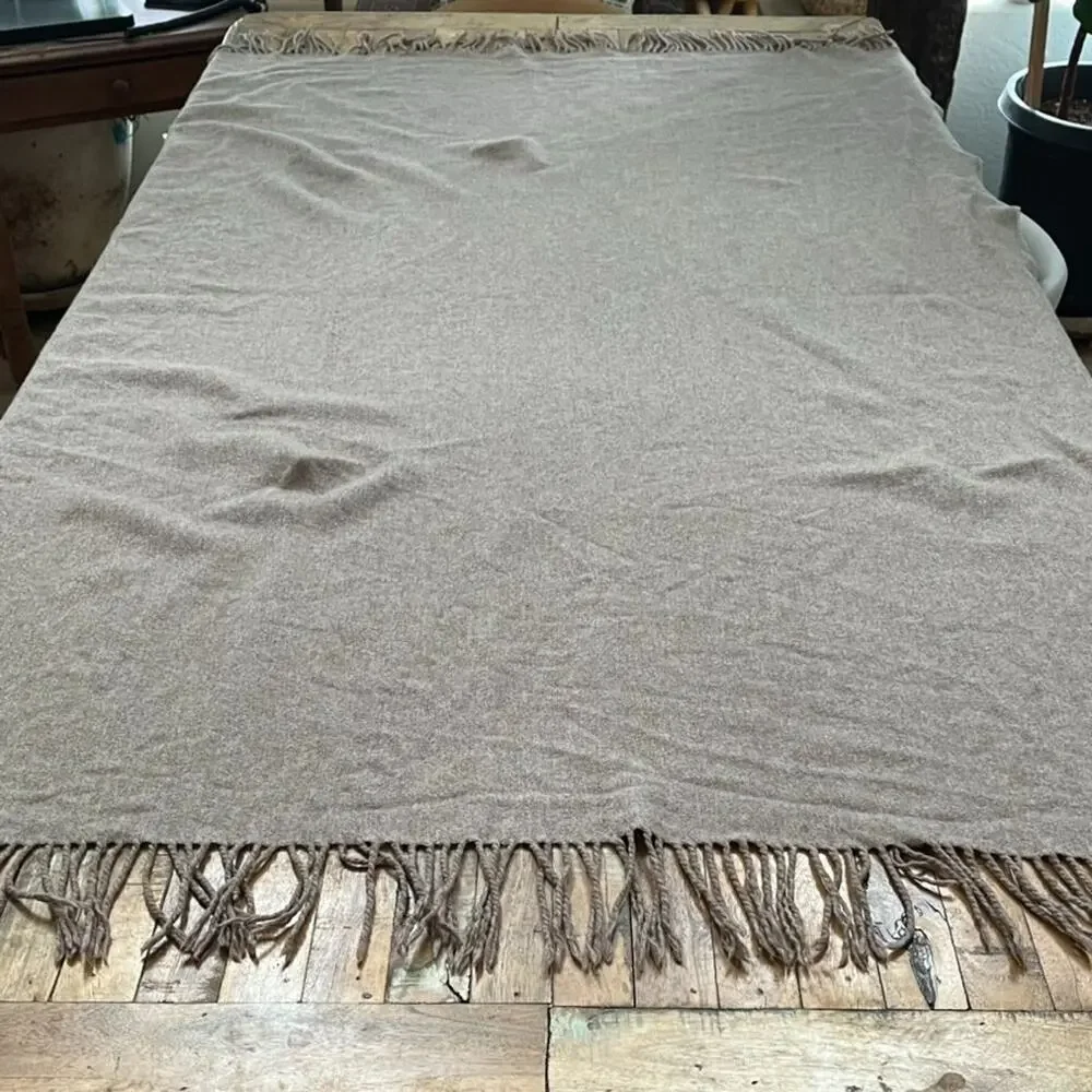 Taupe Throw Blanket Knotted Fringe Wool 67